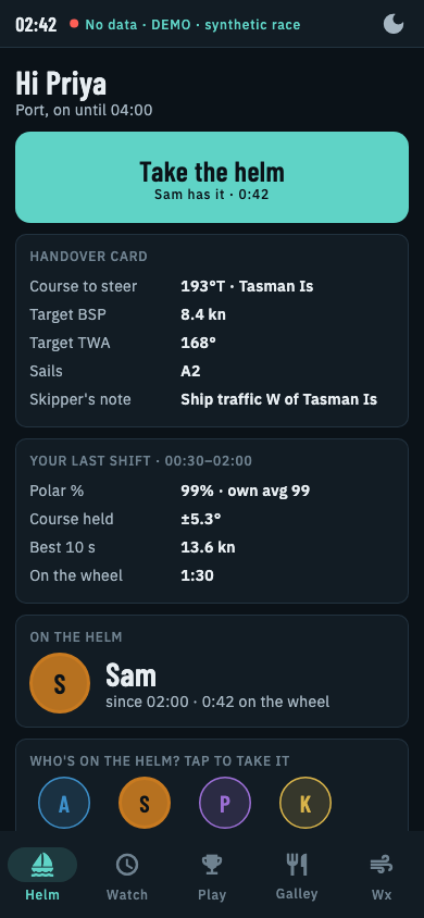 Phone: the crew's helm screen.